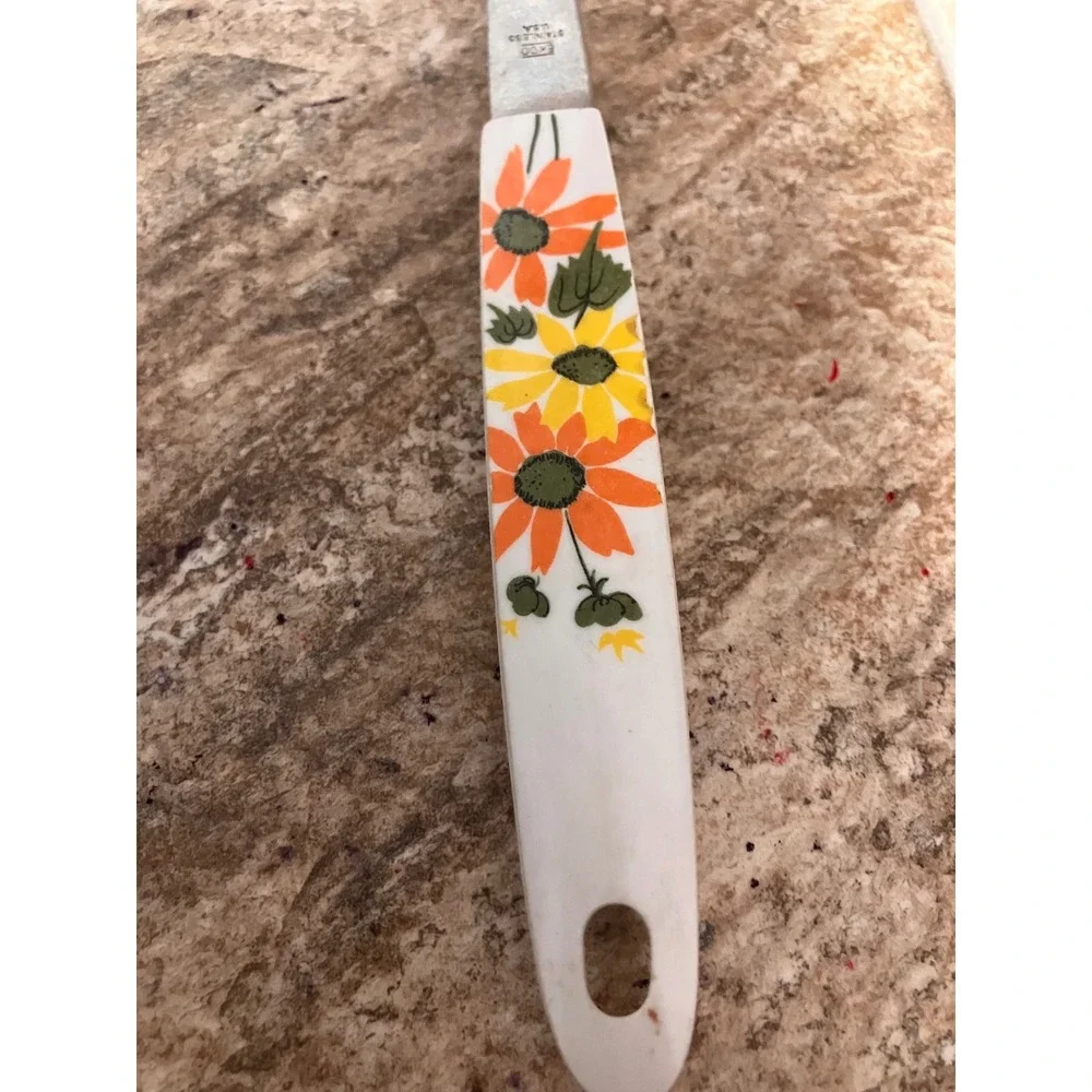 Vintage Ekco Stainless Steel Basting Spoon Orange Yellow Daisy Floral 12 Inch